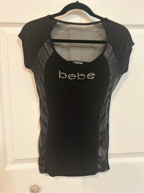 bebe Black Short-Sleeve Scoop Neck Tee with Rhinestone Logo